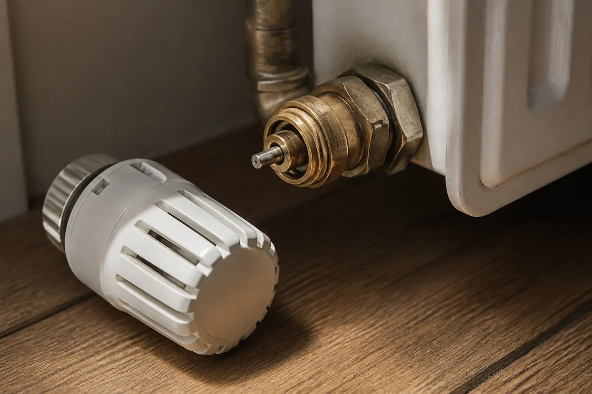 Tête thermostatique démontée sur un robinet de radiateur, tige métallique visible