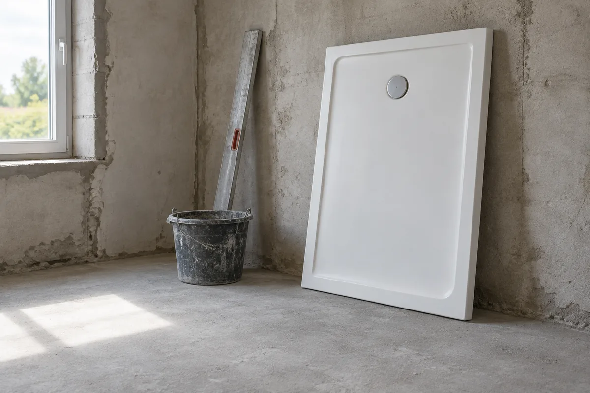 Receveur de douche neuf en résine blanche posé contre un mur dans une pièce en chantier