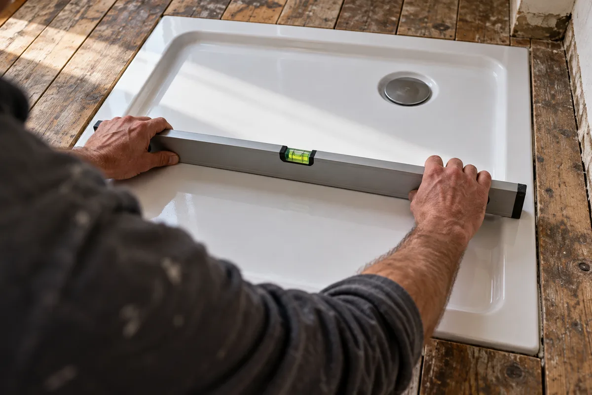 Mains d&rsquo;un artisan vérifiant au niveau à bulle l&rsquo;horizontalité d&rsquo;un receveur blanc sur un plancher ancien