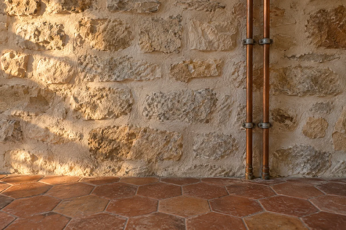Mur de salle de bains en moellons calcaires avec deux tuyaux de cuivre apparents et sol en tomettes