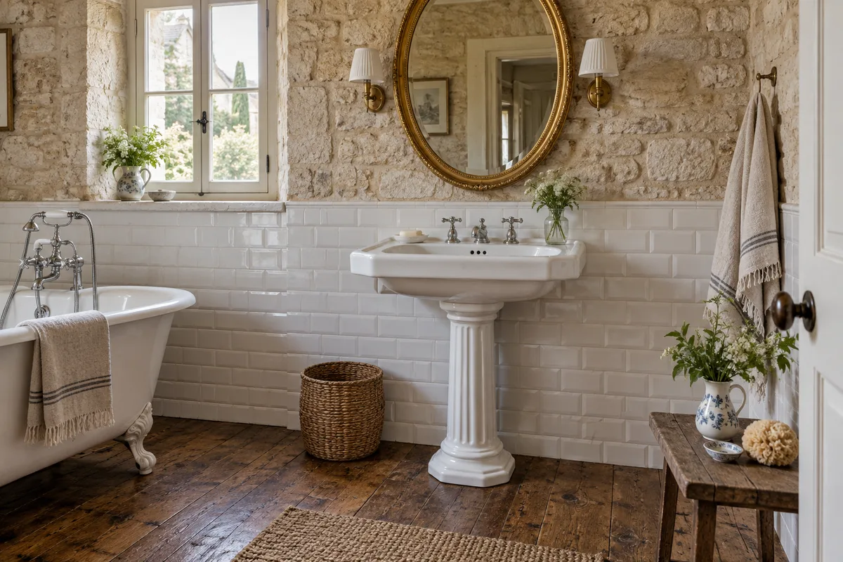 Salle de bain rétro en maison ancienne : le lavabo sur pied