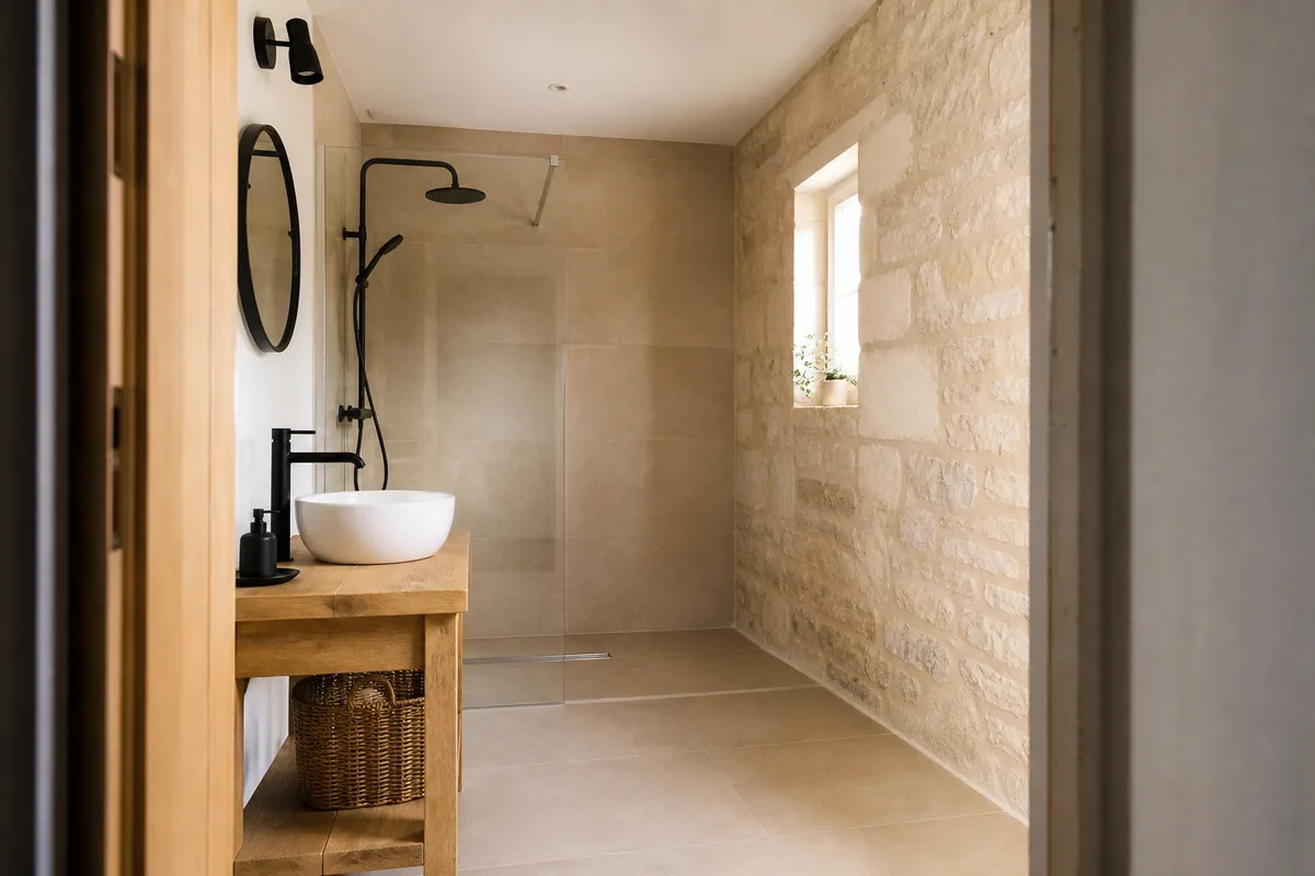 Salle de bains rénovée en Charente avec douche de plain-pied et mur en pierre calcaire apparente