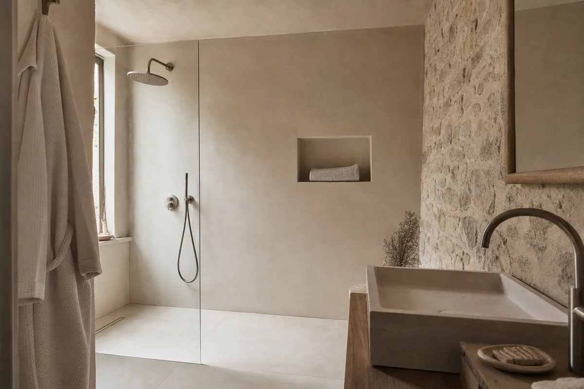 Salle de bains rénovée dans une maison charentaise, douche à l’italienne carrelée et mur en pierre calcaire apparente