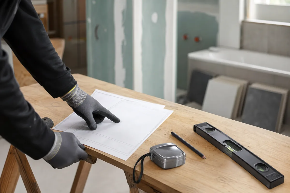 Plan de travail de chantier avec devis détaillé, mètre et niveau posés devant une salle de bains en cours de rénovation
