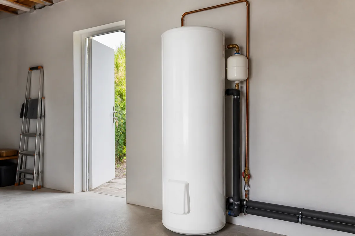 Ballon d’eau chaude installé dans un garage de pavillon, raccordements cuivre neufs et lumière douce