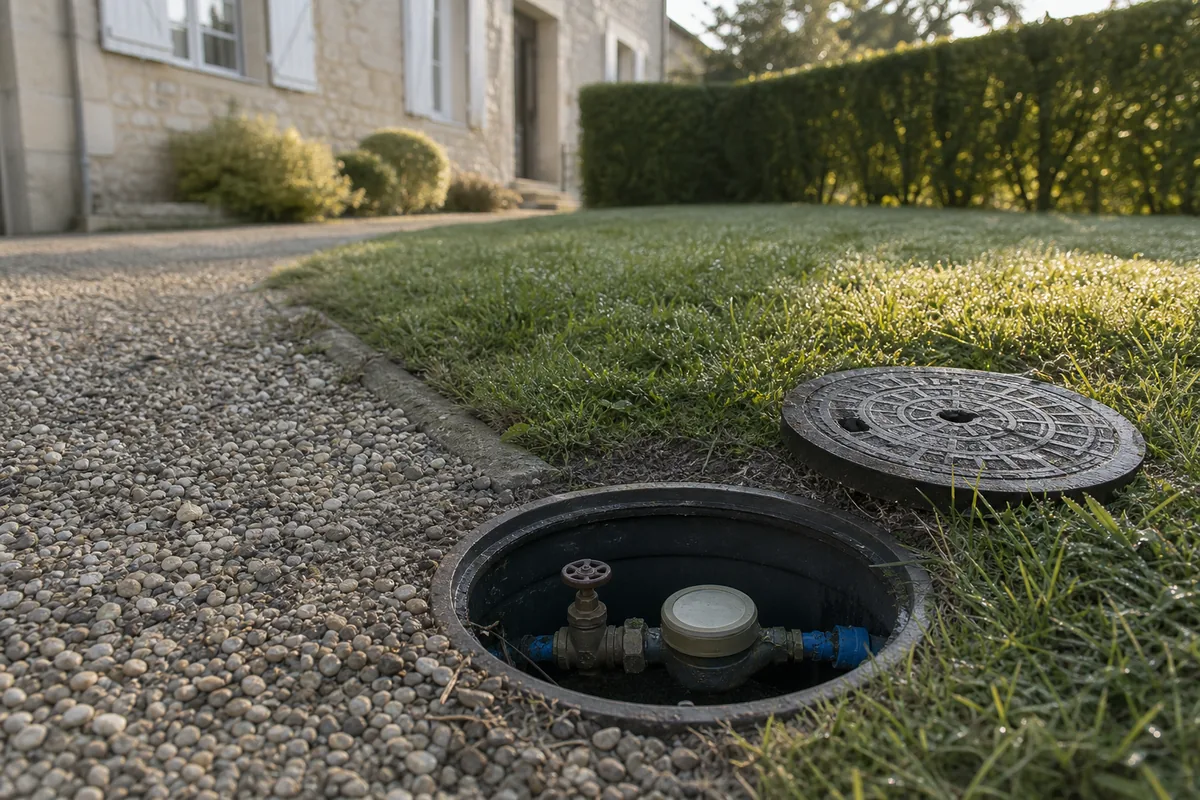 Regard de compteur d’eau ouvert en limite de propriété devant une maison charentaise en pierre