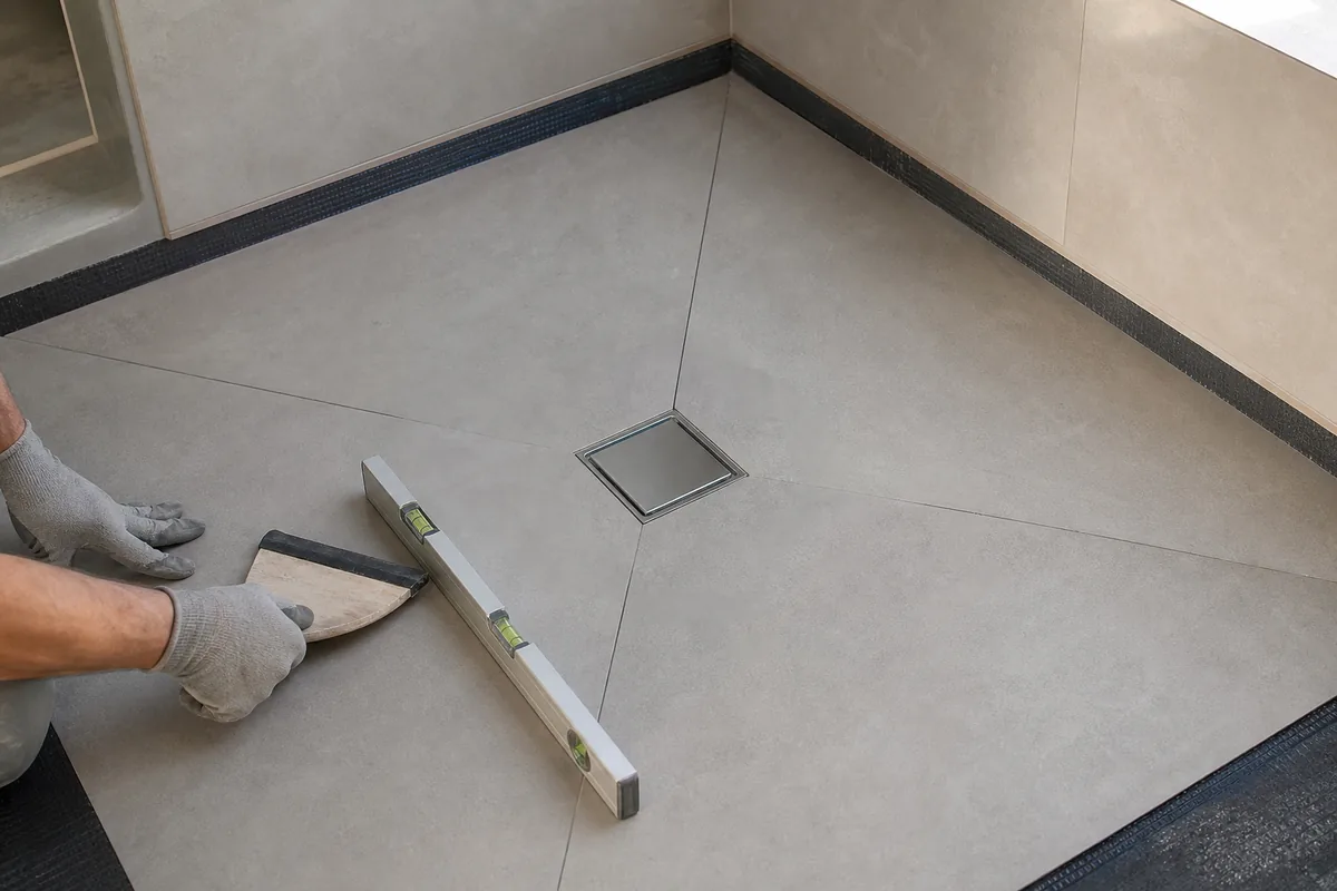 Douche à l’italienne carrelée en grand format dans une salle de bains rénovée près d’Angoulême