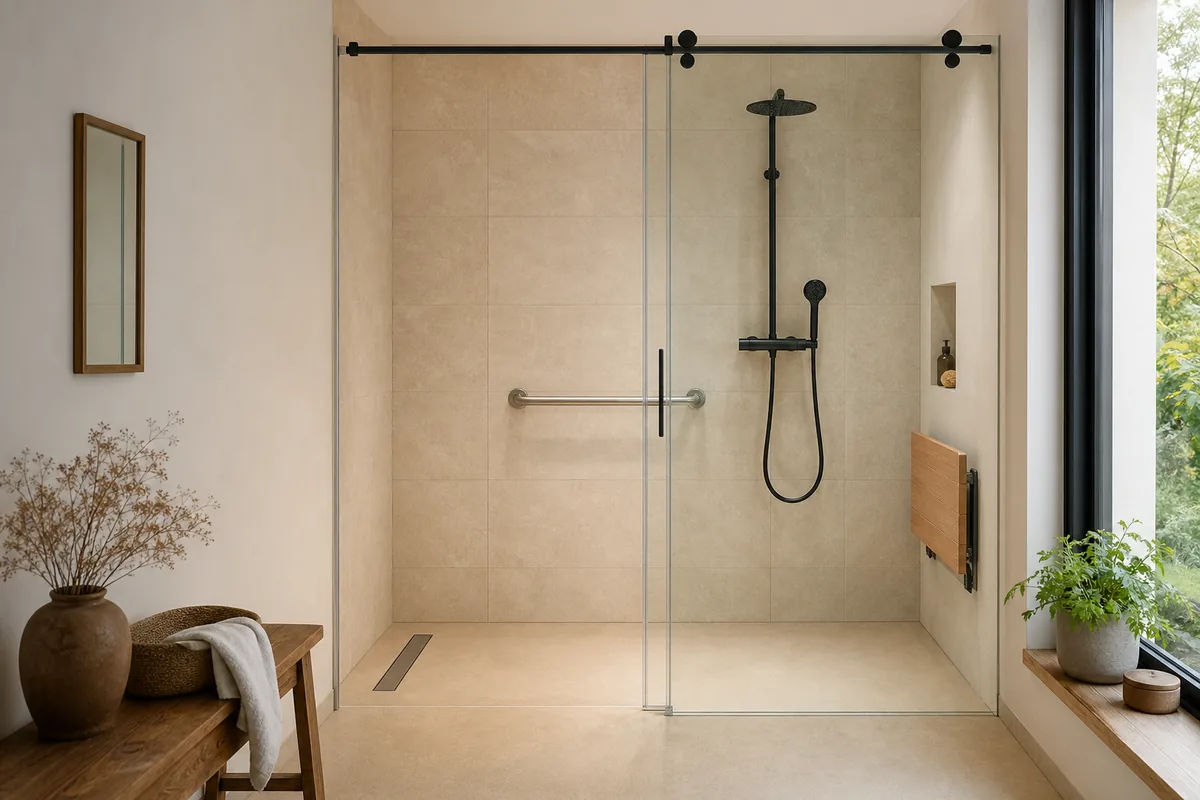 Douche de plain-pied équipée d’une barre d’appui et d’un siège rabattable dans un pavillon charentais
