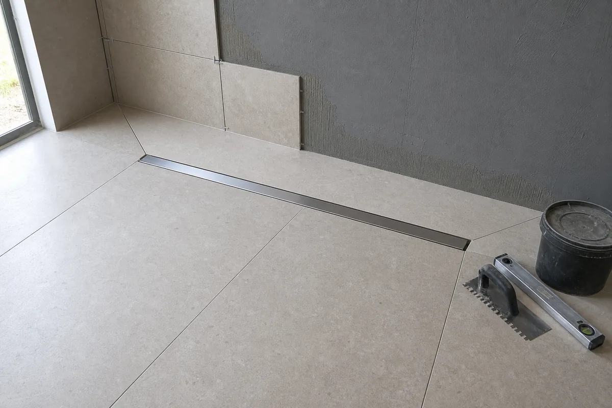 Douche à l&rsquo;italienne carrelée en grand format dans une petite salle d&rsquo;eau charentaise