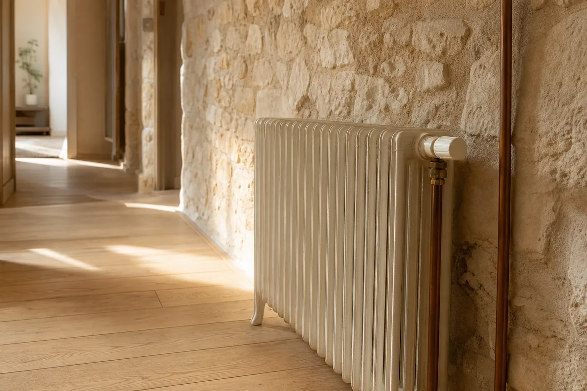 Radiateur en fonte et tuyauterie de chauffage le long d&rsquo;un mur en pierre calcaire charentaise