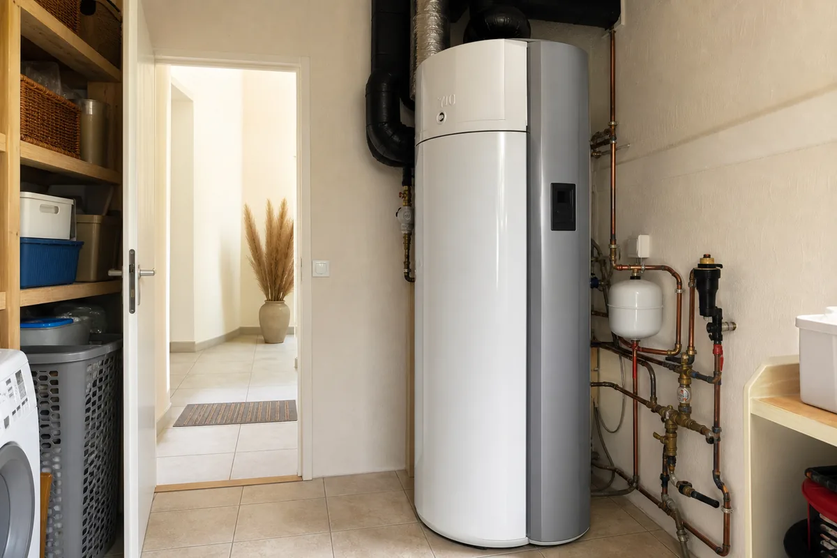 Chauffe-eau thermodynamique installé dans un cellier de pavillon charentais