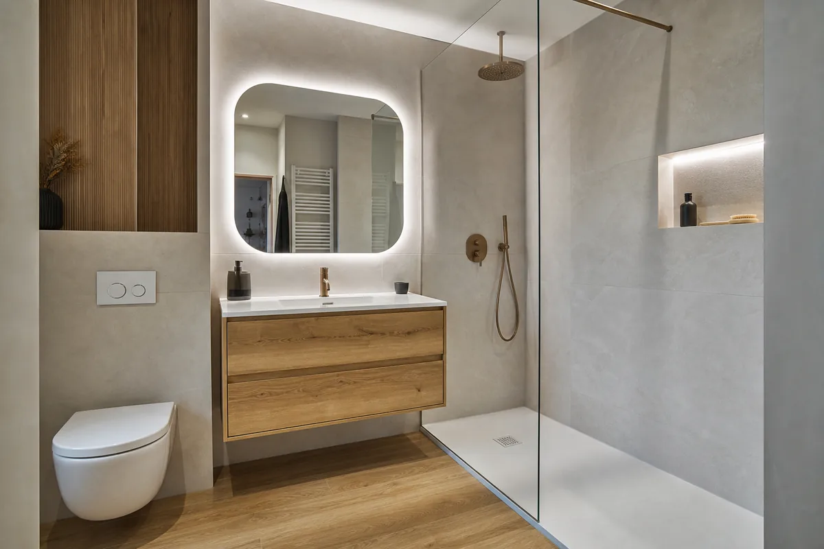 Salle de bains rénovée dans un appartement d'Angoulême, meuble vasque suspendu et carrelage grand format clair