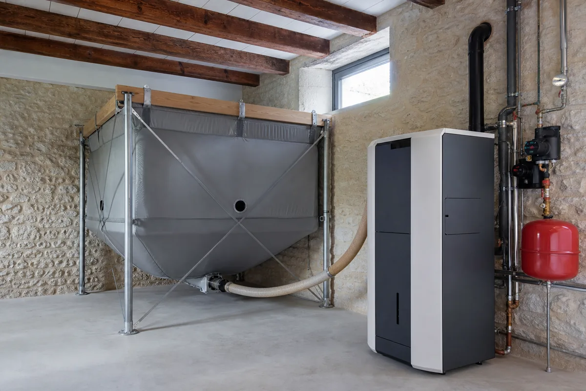 Chaudière à granulés installée dans une buanderie rénovée avec son silo de stockage en Charente