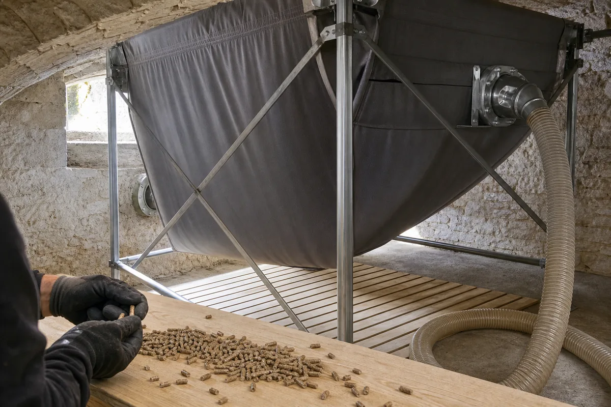 Silo textile de stockage de granulés de bois installé dans une cave sèche de maison charentaise