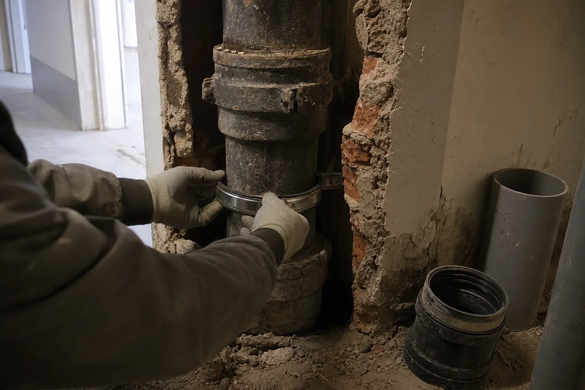 Colonne d’évacuation en fonte ouverte dans une gaine technique d’immeuble ancien à Angoulême