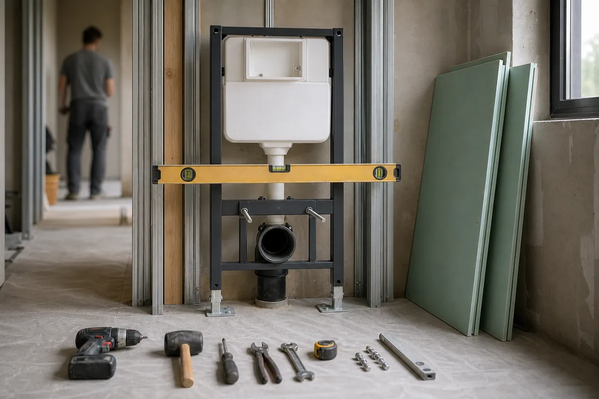 Bâti-support de WC suspendu réglé au niveau contre une contre-cloison en cours de montage