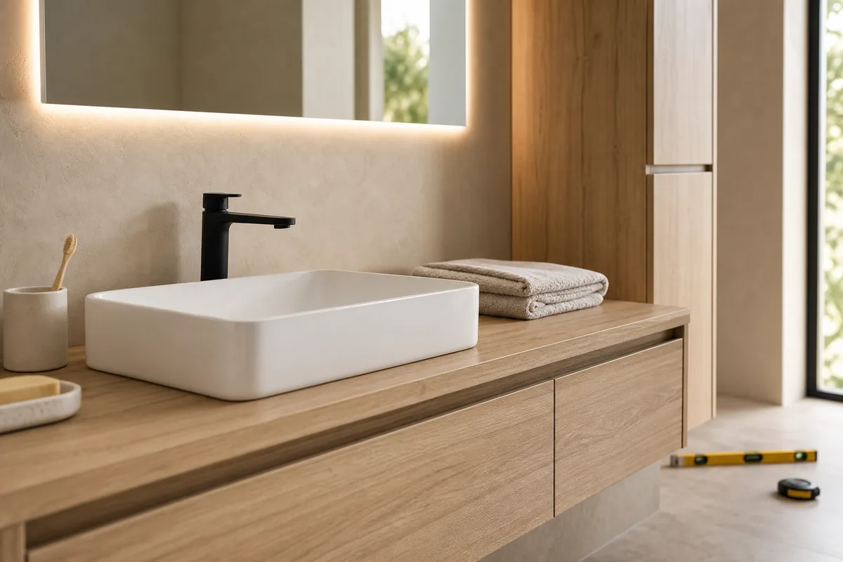 Plan vasque en bois clair et miroir rétroéclairé dans une salle de bain rénovée