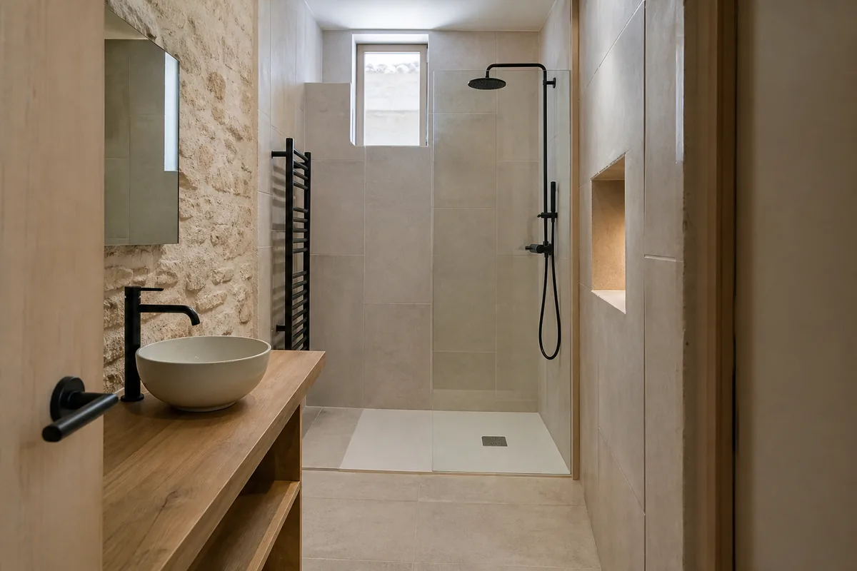 Petite salle d’eau aménagée dans une maison de ville en pierre calcaire charentaise, lumière naturelle douce