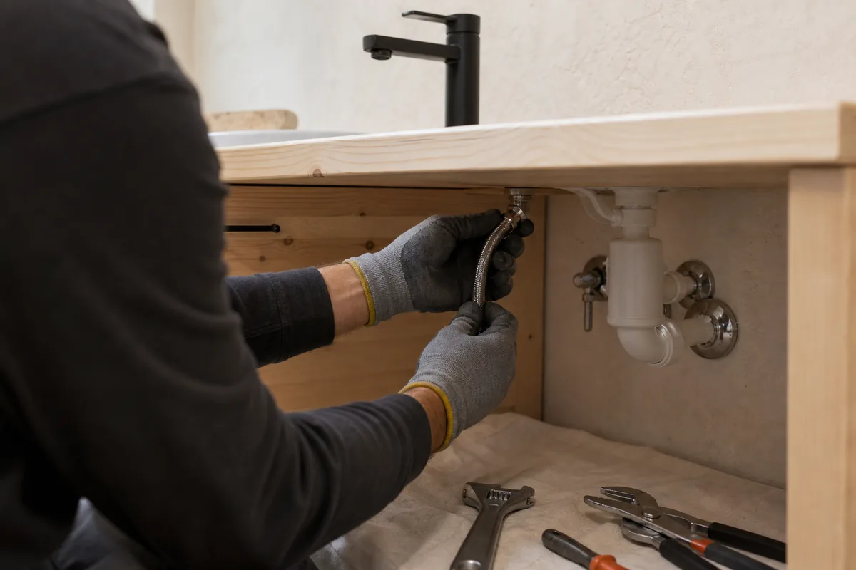 Mains d’un artisan raccordant l’alimentation d’un plan vasque en bois clair sur un chantier propre