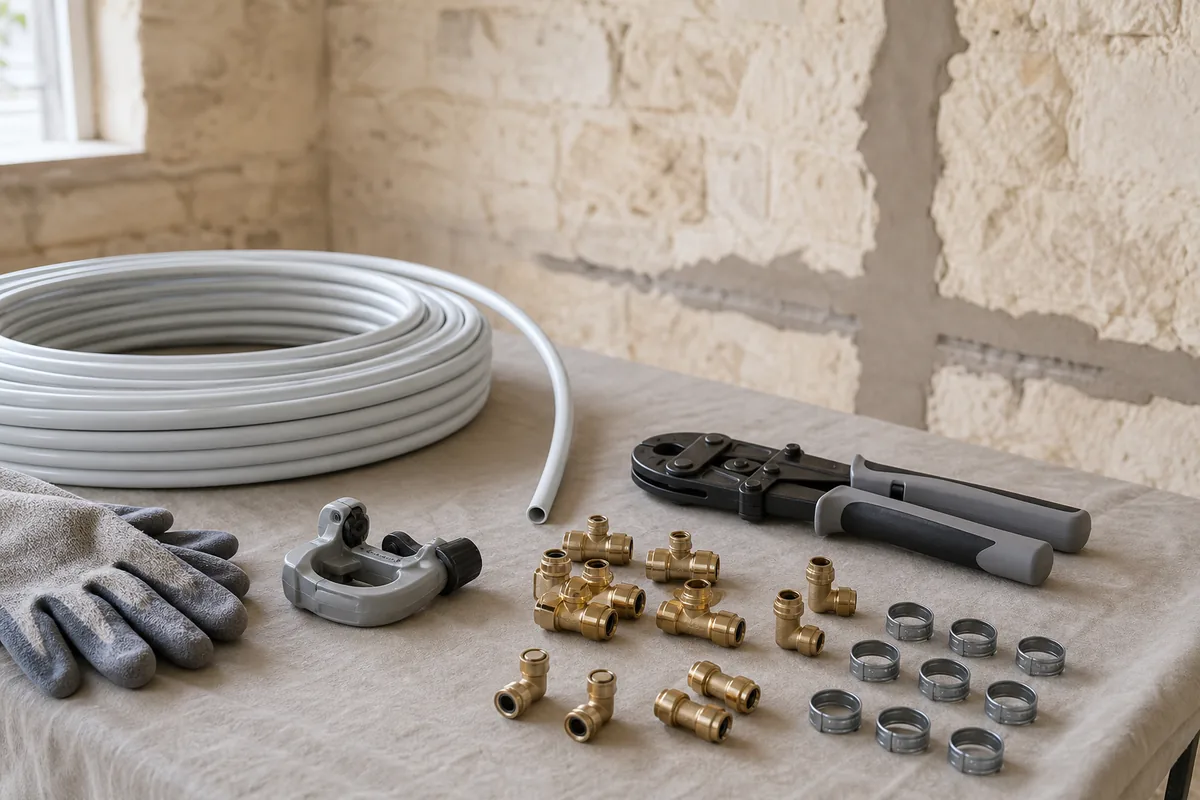 Établi de chantier avec tubes multicouche, pince à sertir et raccords posés devant un mur en pierre calcaire charentaise