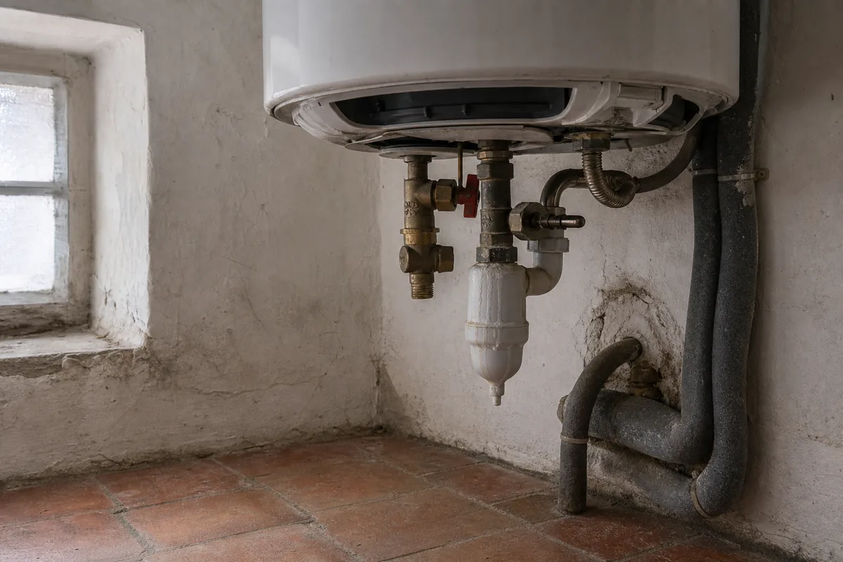 Ballon d’eau chaude entartré dans un cellier charentais, groupe de sécurité et vanne d’arrêt visibles