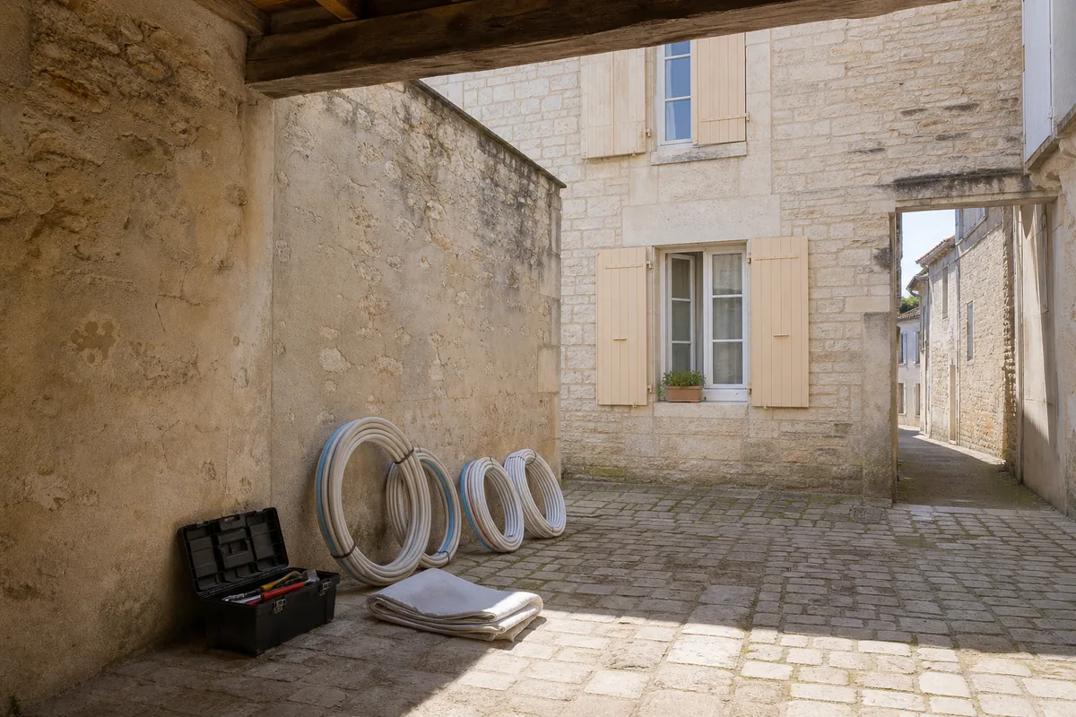 Cour intérieure d’une maison charentaise avec outillage de plomberie et tubes multicouches posés au sol