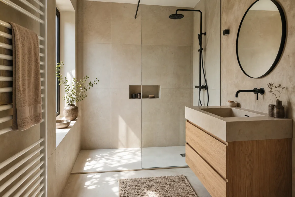 Salle de bains rénovée en Charente, douche carrelée en grand format et lumière naturelle douce