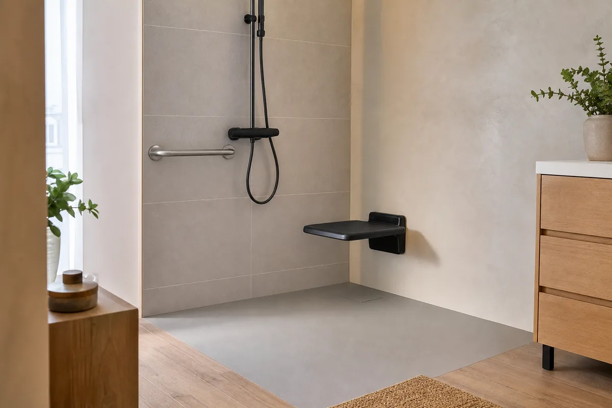 Douche de plain-pied avec barre d’appui dans une salle d’eau charentaise claire