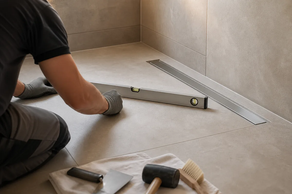 Douche à l&rsquo;italienne carrelée en grand format et siphon de sol vérifiés en fin de chantier
