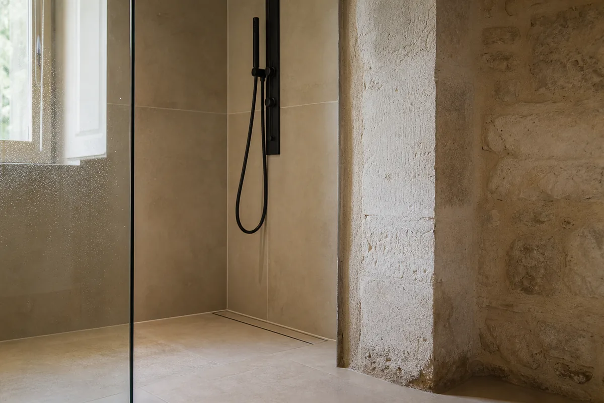 Salle de bains rénovée dans une maison en pierre calcaire à Cognac, douche carrelée en grand format et mur de pierre apparente