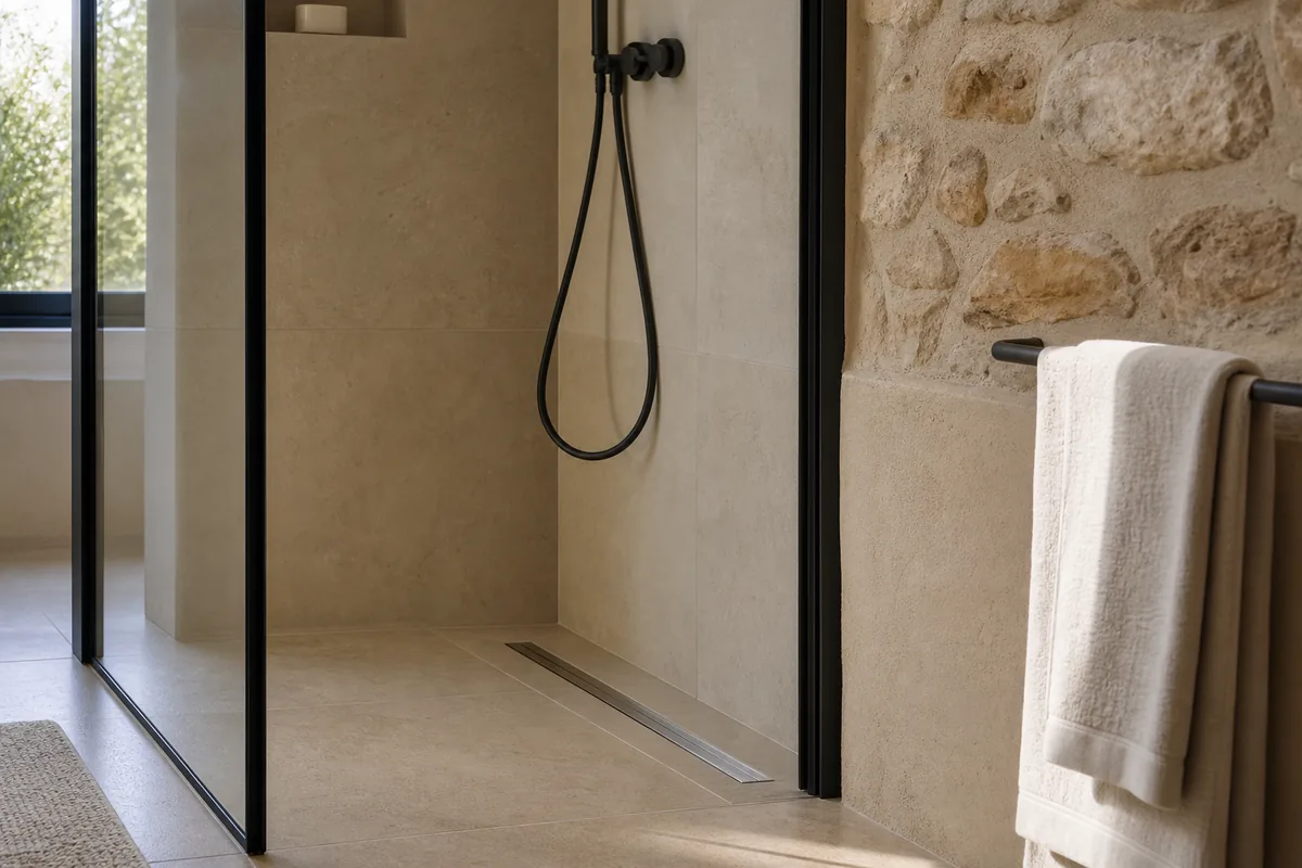 Salle de bains rénovée avec douche à l’italienne carrelée en grand format et mur en pierre calcaire apparente