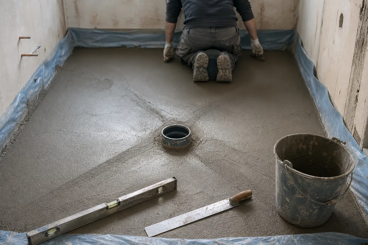 Chantier de salle de bains propre, outillage posé au sol et forme de pente préparée avant carrelage